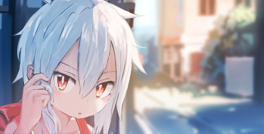 1girl adjusting_hair backpack bag blurry child depth_of_field inami_hatoko looking_at_viewer open_mouth original outdoors portrait randoseru red_eyes road silver_hair solo street