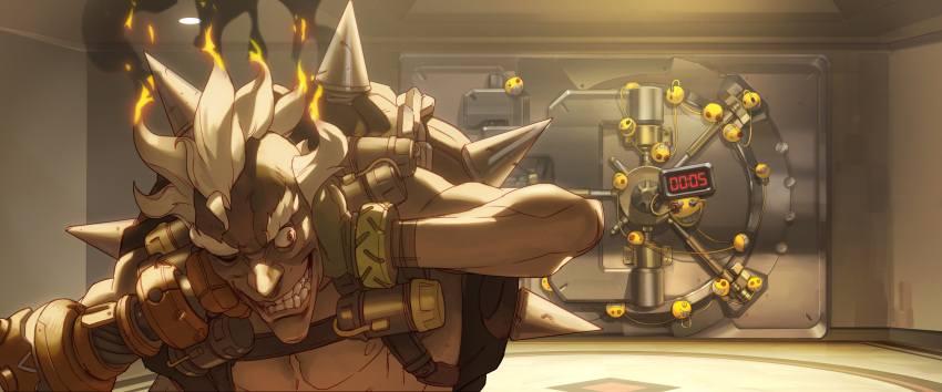 1boy absurdres arnold_tsang covering_ears eyebrows fingerless_gloves gloves grin highres indoors junkrat_(overwatch) male_focus mechanical_arm mechanical_arms official_art one_eye_closed overwatch safe shirtless smile smoke solo spikes thick_eyebrows tire upper_body