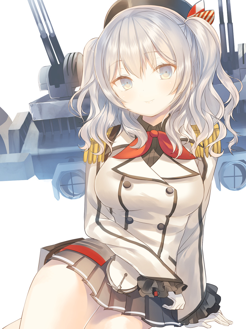 1girl antiaircraft_weapon arm_support breasts crossed_legs epaulettes grey_eyes gun highres io_enishi kantai_collection kashima_(kantai_collection) large_breasts looking_at_viewer military military_uniform miniskirt pleated_skirt silver_hair skirt smile solo thighs turret twintails uniform weapon white_background