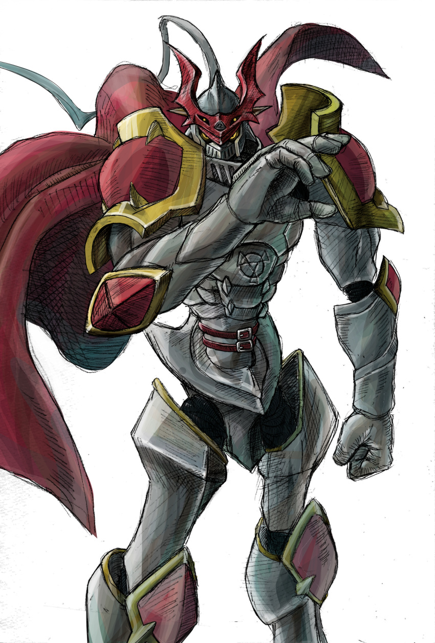 absurdres armor belt black_sclera cape clenched_hand digimon digital_hazard dukemon elbow_pads greymon_(artist) highres knee_pads knight monster multiple_belts no_humans red_cape serious shoulder_armor spikes visor yellow_eyes