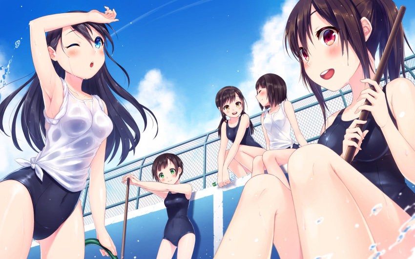 5girls ;o ^_^ arm_up armpits bare_arms bare_legs bare_shoulders blue_eyes blue_sky blush bottle breasts brown_hair chain-link_fence closed_eyes closed_mouth clouds collarbone condensation_trail covered_navel cowboy_shot day dripping empty_pool fence green_eyes hand_on_forehead highres holding_broom hose hot long_hair low_twintails multiple_girls one_eye_closed open_mouth original outdoors ponytail pool red_eyes ribbon round_teeth school_swimsuit see-through shiny shiny_skin shirt short_hair sidelocks sitting skin_tight sky splashing squatting standing sweat sweating swimsuit swimsuit_under_clothes teeth thighs tied_shirt twintails warabimochi_kinako water water_bottle water_drop wet wet_clothes wet_shirt white_ribbon white_shirt yellow_eyes