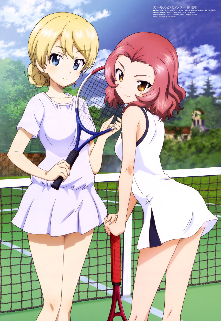 2girls absurdres ass bangs bare_shoulders blonde_hair bloomers blue_dress blue_eyes blurry blush braid breasts brick_wall brown_eyes chain-link_fence closed_mouth clouds collarbone darjeeling day depth_of_field dress fence french_braid from_side girls_und_panzer girls_und_panzer_gekijouban hands_together head_tilt highres holding kneepits leaning_forward legs legs_together light_smile looking_at_viewer looking_back multiple_girls net official_art ogura_noriko outdoors panty_peek parted_bangs pleated_dress racket redhead rosehip scan shiny shiny_hair short_dress short_hair short_sleeves sky sleeveless sleeveless_dress small_breasts smile sportswear standing tennis tennis_court tennis_net tennis_racket tennis_uniform thighs tree underwear v_arms wall wavy_hair white_dress