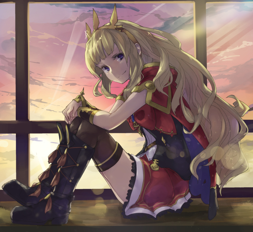 1girl blonde_hair boots brown_legwear cagliostro_(granblue_fantasy) cape crown from_side granblue_fantasy lens_flare long_hair looking_at_viewer minutachi red_skirt sitting skirt smile solo sunset thigh-highs violet_eyes window