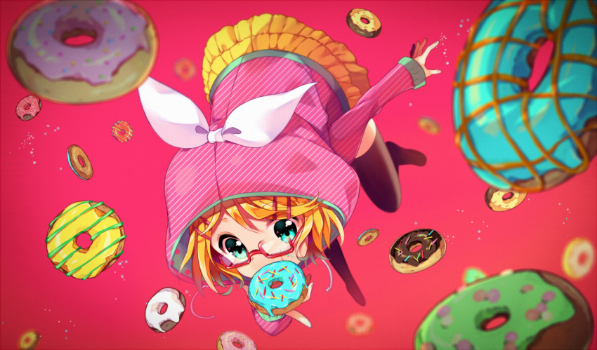 1girl alternate_costume bangs black_legwear blonde_hair blurry bow depth_of_field doughnut eating eyebrows eyebrows_visible_through_hair food food_in_mouth food_on_face from_above glasses hair_ornament hairclip holding holding_food hood ikari_(aor3507) kagamine_rin layered_skirt long_sleeves miniskirt outstretched_arm red-framed_glasses red_background short_hair skirt solo swept_bangs thigh-highs vocaloid white_bow yellow_skirt