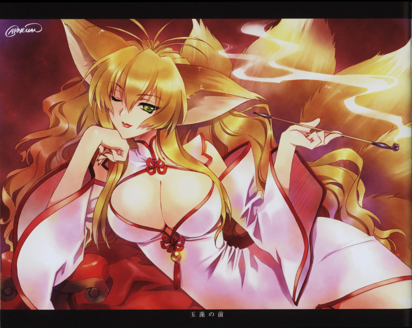 1girl absurdres animal_ears artist_name breasts brown_hair carnelian character_name chin_rest cleavage cleavage_cutout detached_sleeves fox_ears fox_tail green_eyes hair_between_eyes highres holding_pipe kiseru kitsune large_breasts letterboxed light_smile lipstick long_hair makeup multiple_tails nail_polish official_art one_eye_closed pipe red_lips red_lipstick red_nails scan scan_artifacts signature smoke smoking_pipe solo tail tamamo_no_mae very_long_hair wavy_hair wide_sleeves yami_to_boushi_to_hon_no_tabibito