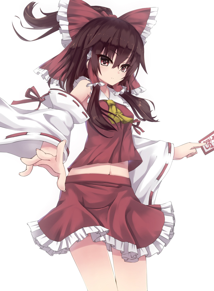 1girl absurdres ascot bare_shoulders blush bow brown_hair detached_sleeves fingers hair_bow hair_tubes hakurei_reimu highres iwashi_(nisankatanso) large_bow long_hair miniskirt navel ofuda outstretched_hand red_eyes serious skirt solo touhou tsurime