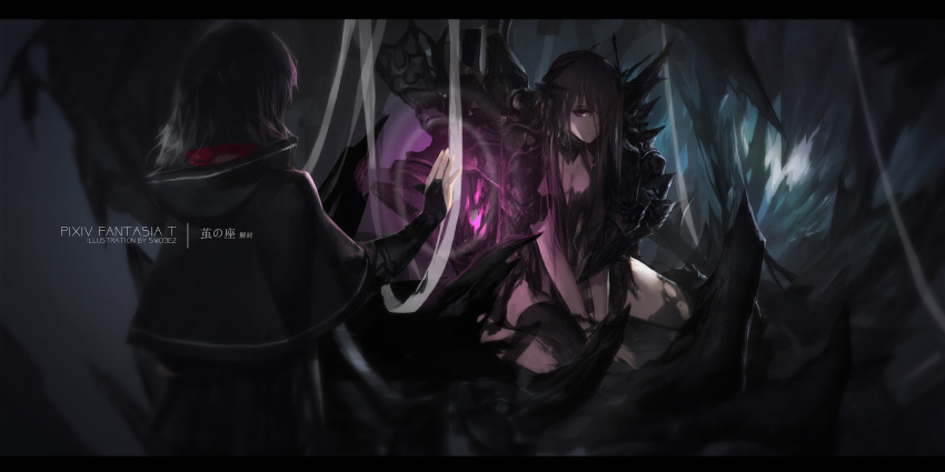 2girls black black_gloves black_legwear breasts capelet cleavage copyright_name gloves hair_over_one_eye highres long_hair multiple_girls pixiv_fantasia pixiv_fantasia_t red_eyes sitting standing swd3e2 thigh-highs torn_clothes torn_thighhighs wariza