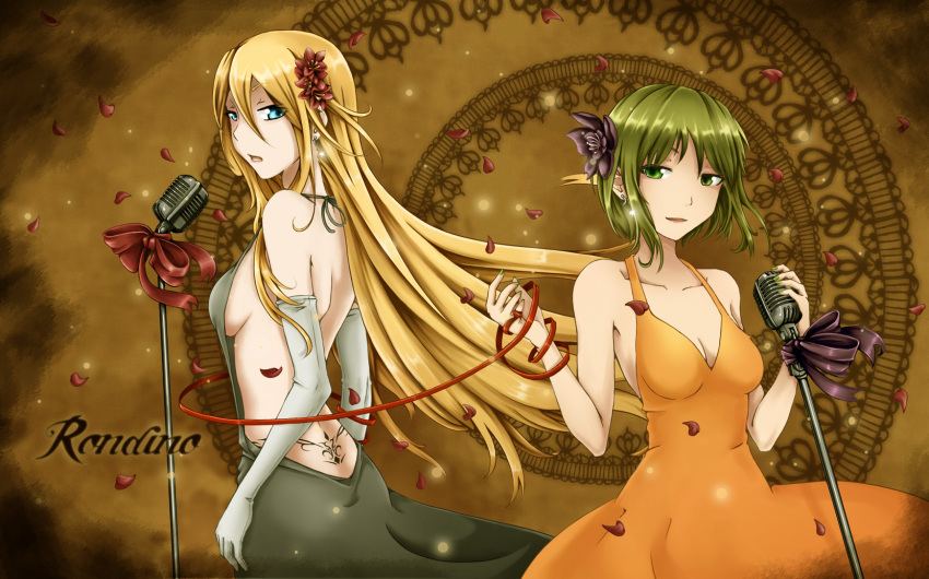 2girls blonde_hair blue_eyes breasts butterfly_hair_ornament cleavage elbow_gloves gloves green_eyes green_hair gumi hair_ornament highres lily_(vocaloid) long_hair looking_back microphone microphone_stand multiple_girls red_ribbon ribbon short_hair sideboob tattoo vocaloid yaya_(y8ay8a)