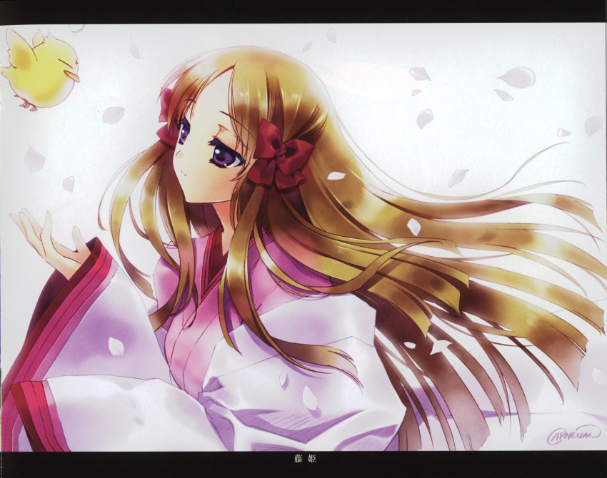 1girl absurdres artist_name azuma_hatsumi bird blonde_hair bow carnelian floating_hair fujihime hair_bow half-closed_eyes highres japanese_clothes ken-chan kimono letterboxed light_smile long_hair official_art outstretched_hand petals red_bow signature very_long_hair violet_eyes white_background yami_to_boushi_to_hon_no_tabibito