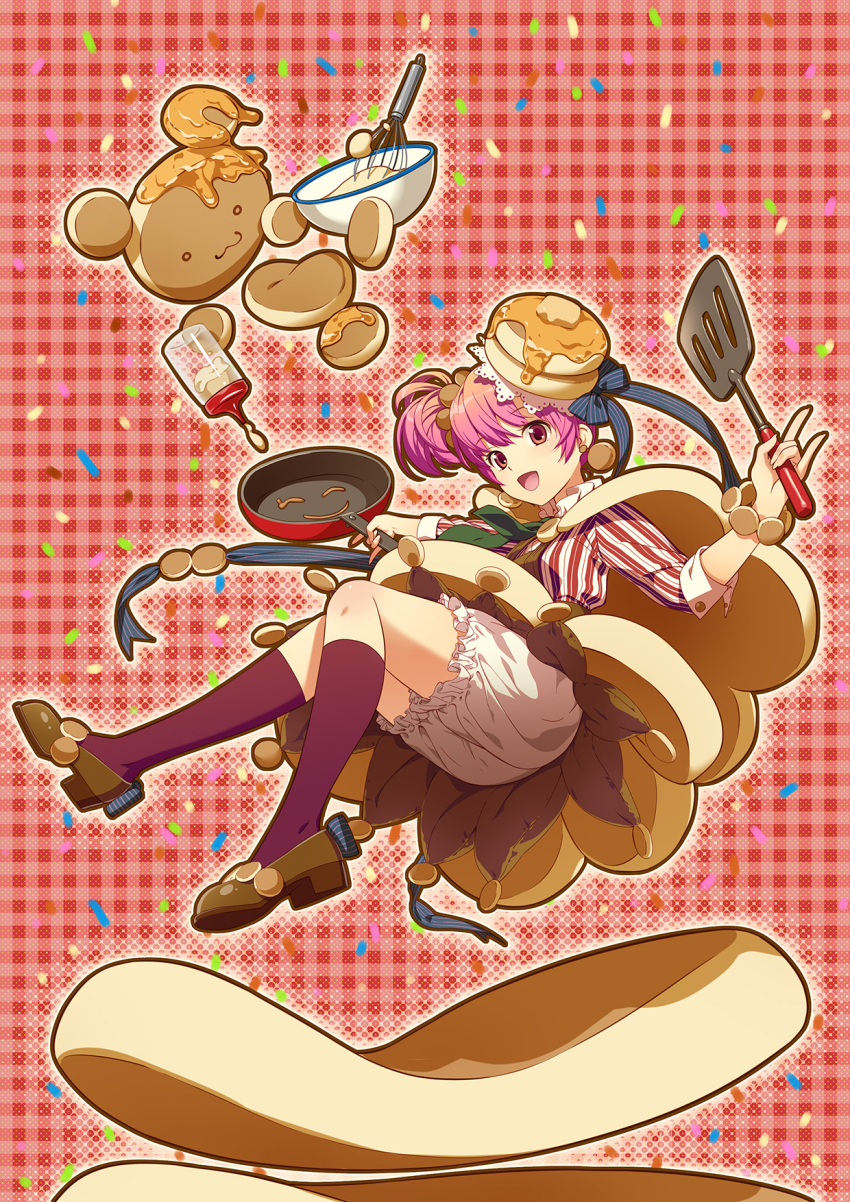 1girl :3 :d bloomers bottle bow brown_shoes cape earrings flipping_food food_themed_clothes food_themed_hair_ornament frying_pan full_body hair_ornament highres honey jewelry kneehighs looking_at_viewer mixing_bowl morinaga_(brand) open_mouth original pancake personification pink_hair plaid plaid_background purple_legwear red_background red_eyes shirt shoes short_hair side_ponytail smile solo spatula striped striped_bow striped_shirt underwear whisk yuasa_tsugumi