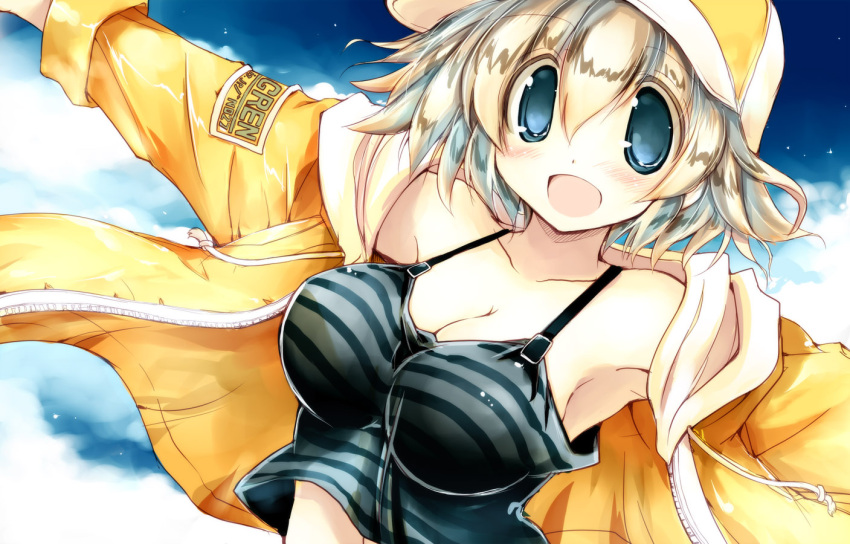 1girl :d armpits belly_peek blue_eyes blue_sky blush breasts buckle cleavage clouds drawstring eyebrows eyebrows_visible_through_hair hair_between_eyes hat hood hood_down hooded_jacket jacket large_breasts looking_at_viewer open_mouth original outstretched_arms sakaki_(noi-gren) shirt_lift short_hair silver_hair sky smile solo spread_arms striped upper_body
