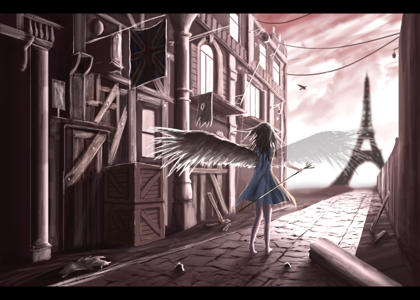 1girl angel angel_wings animal asymmetrical_wings banner bare_shoulders barefoot bird black_hair black_wings blue_dress blurry box building city clouds cloudy_sky depth_of_field dress eiffel_tower feathered_wings flag from_behind holding_staff house letterboxed loas_(loas_cn) long_hair monument original outdoors pillar pink_sky road rock sky sleeveless sleeveless_dress solo staff street transparent_wings union_jack walking window wings wooden_box