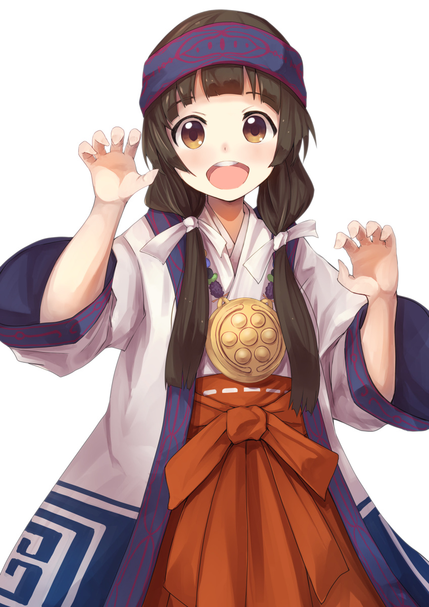 1girl :d amayadori_machi bangs blunt_bangs blush bow brown_eyes brown_hair claw_pose cowboy_shot eyebrows eyebrows_visible_through_hair hair_bow hakama_skirt headband highres jacket jewelry konkito kumamiko long_hair long_sleeves looking_at_viewer low_twintails mirror necklace nontraditional_miko open_clothes open_jacket open_mouth pose red_bow red_skirt round_teeth skirt smile solo teeth twintails weapon white_bow white_jacket
