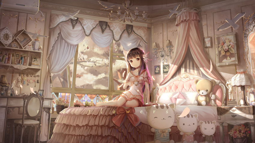 &gt;_&lt; 1girl :3 ^_^ air_conditioner analog_clock arm_support artist_name bangs barefoot bed bed_sheet bell bird blunt_bangs book bookshelf bow bowtie brown_eyes brown_hair cake chair chandelier clock closed_eyes cup curtains desk desk_lamp doll dress dutch_angle english feathers flower flower_pot food frame full_body gradient_hair hair_feathers hair_flower hair_ornament highres holding_cup horizontal_stripes indoors inkwell jingle_bell key lamp layered_bed_sheet long_hair looking_at_viewer mirror multicolored_hair number on_bed open_window painting_(object) petals photo_(object) pillow pink_flower pointer portrait_(object) puppet purple_hair quill red_bow red_bowtie red_flower red_flowers roman_numerals rose scarf shirt short_sleeves sitting smile smiley_face snow_globe solo striped striped_shirt stuffed_animal stuffed_cat stuffed_toy teacup teapot teddy_bear teruterubouzu text tree vase whiskers wind_chime window yellow_bow yellow_bowtie yellow_flower yokozuwari
