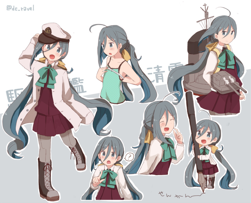 1girl :d ? ^_^ ^o^ admiral_(kantai_collection) admiral_(kantai_collection)_(cosplay) ahoge anchor_symbol arm_behind_back arm_up artist_name bare_shoulders blue_bow blue_bowtie blue_hair blush boots bow bowtie brown_boots bust_measuring camisole cannon chibi closed_eyes closed_mouth collarbone commentary_request cowboy_shot cropped_legs cross-laced_footwear dress epaulettes eyebrows eyebrows_visible_through_hair finger_to_cheek flat_chest fountain_pen grey_eyes grey_eyes grey_hair grey_legwear hair_between_eyes hair_bow hands_in_sleeves hat head_tilt holding holding_weapon index_finger_raised jacket kantai_collection kiyoshimo_(kantai_collection) long_hair long_sleeves low_twintails machinery measuring military military_uniform multicolored_hair multiple_views naval_uniform open_mouth oversized_object pantyhose peaked_cap pen pointing pointing_at_viewer riz_(ravel_dc) scratching_cheek shirt shoelaces silver_hair sleeveless sleeveless_dress sleeves_past_wrists smile spoken_question_mark sweatdrop tape_measure text translation_request turret twintails uniform upper_body very_long_hair weapon white_shirt writing yellow_bow
