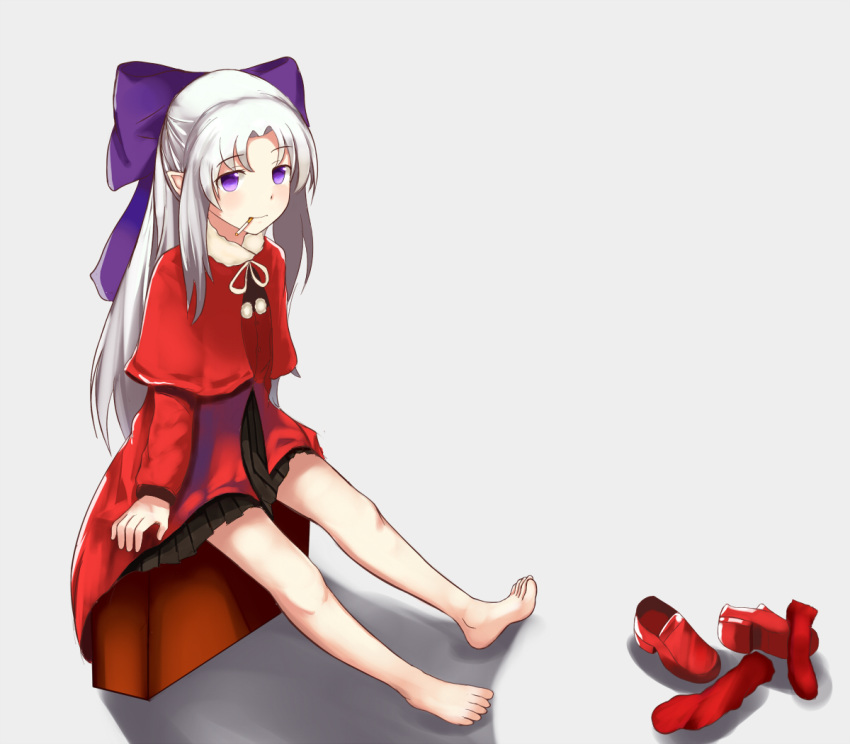 1girl barefoot blush capelet cigarette dress eyebrows eyebrows_visible_through_hair grey_background legwear_removed m.u.g.e.n mi_shan pointy_ears red_dress red_legwear red_len red_shoes shoes shoes_removed silver_hair sitting smoking solo violet_eyes
