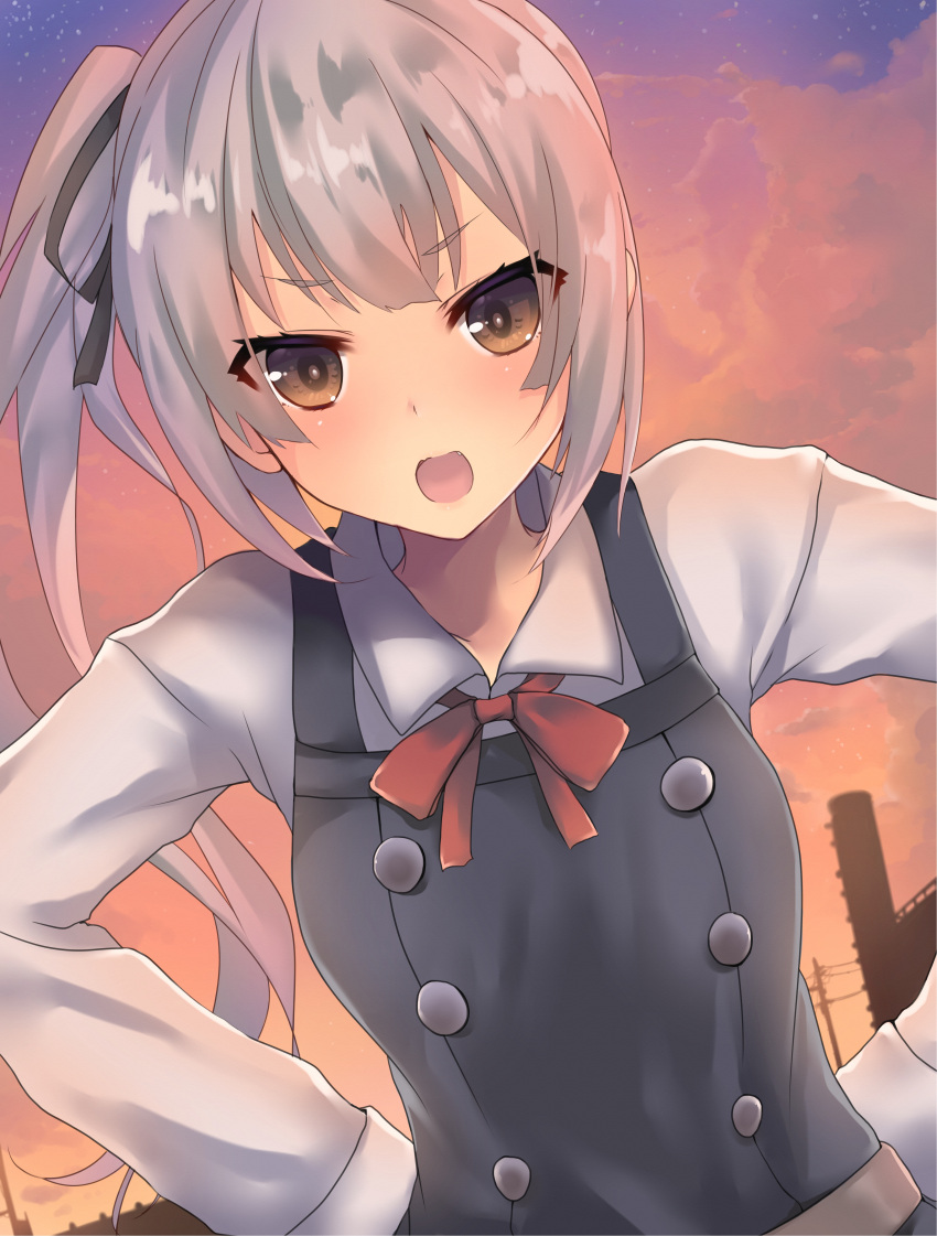 &gt;:d 1girl :d absurdres belt black_dress black_ribbon blush bow bowtie brown_eyes building buttons collared_shirt double-breasted dress dress_shirt dutch_angle dyson_(edaokunnsaikouya) evening hair_ribbon hands_on_hips highres jumper kantai_collection kasumi_(kantai_collection) long_hair long_sleeves looking_at_viewer open_mouth orange_sky outdoors power_lines red_bow red_bowtie ribbon shirt side_ponytail sky smile solo tareme telephone_pole upper_body white_shirt