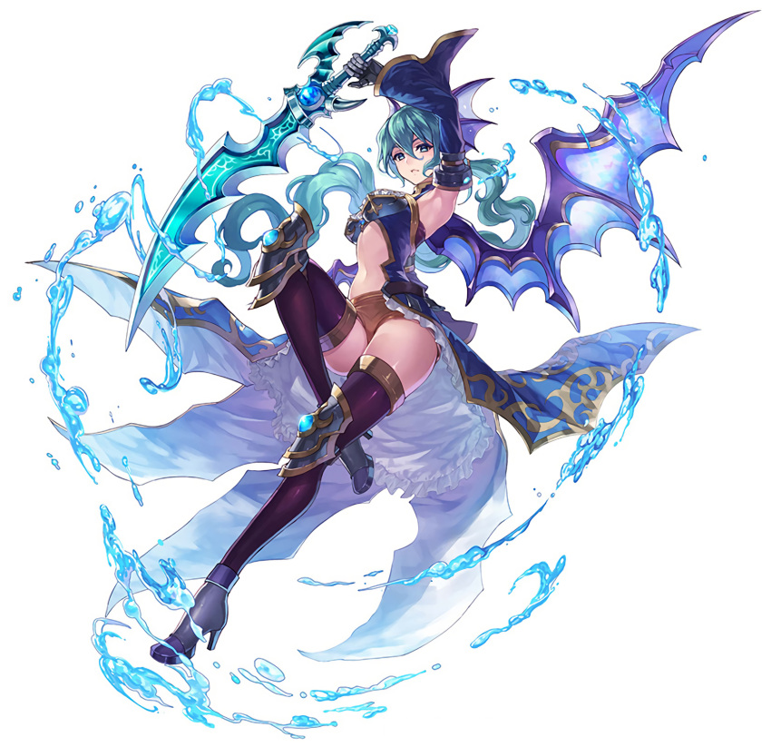 1girl afuroya aqua_eyes aqua_hair arm_up brave_frontier breasts detached_sleeves full_body head_fins high_heels highres holding holding_sword holding_weapon long_hair long_sleeves lucina_(brave_frontier) parted_lips ponytail purple_legwear shoes simple_background solo sword thigh-highs very_long_hair water weapon white_background wings