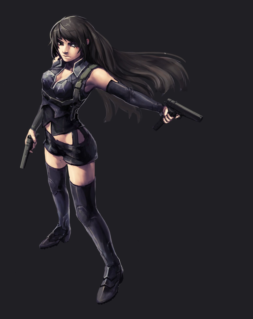 1girl afi_(arsenixc) artist_request black_background black_hair black_legwear borrowed_character breasts cleavage detached_sleeves dual_wielding expressionless extended_magazine gun handgun highres long_hair midriff original pistol shorts simple_background solo symbol-shaped_pupils thigh-highs weapon wide_stance