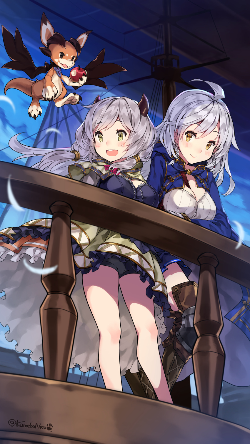 2girls absurdres ahoge apple bite_mark blush boat boots braid breasts claws cleavage doraf food frills fruit granblue_fantasy hair_between_eyes highres holding holding_fruit horns kumuyu kuro_chairo_no_neko large_breasts long_hair long_skirt long_sleeves low_twintails multiple_girls open_mouth round_teeth short_shorts shorts silva_(granblue_fantasy) silver_hair skirt smile teeth twin_braids twintails twitter_username vee_(granblue_fantasy) very_long_hair wind wings yellow_eyes
