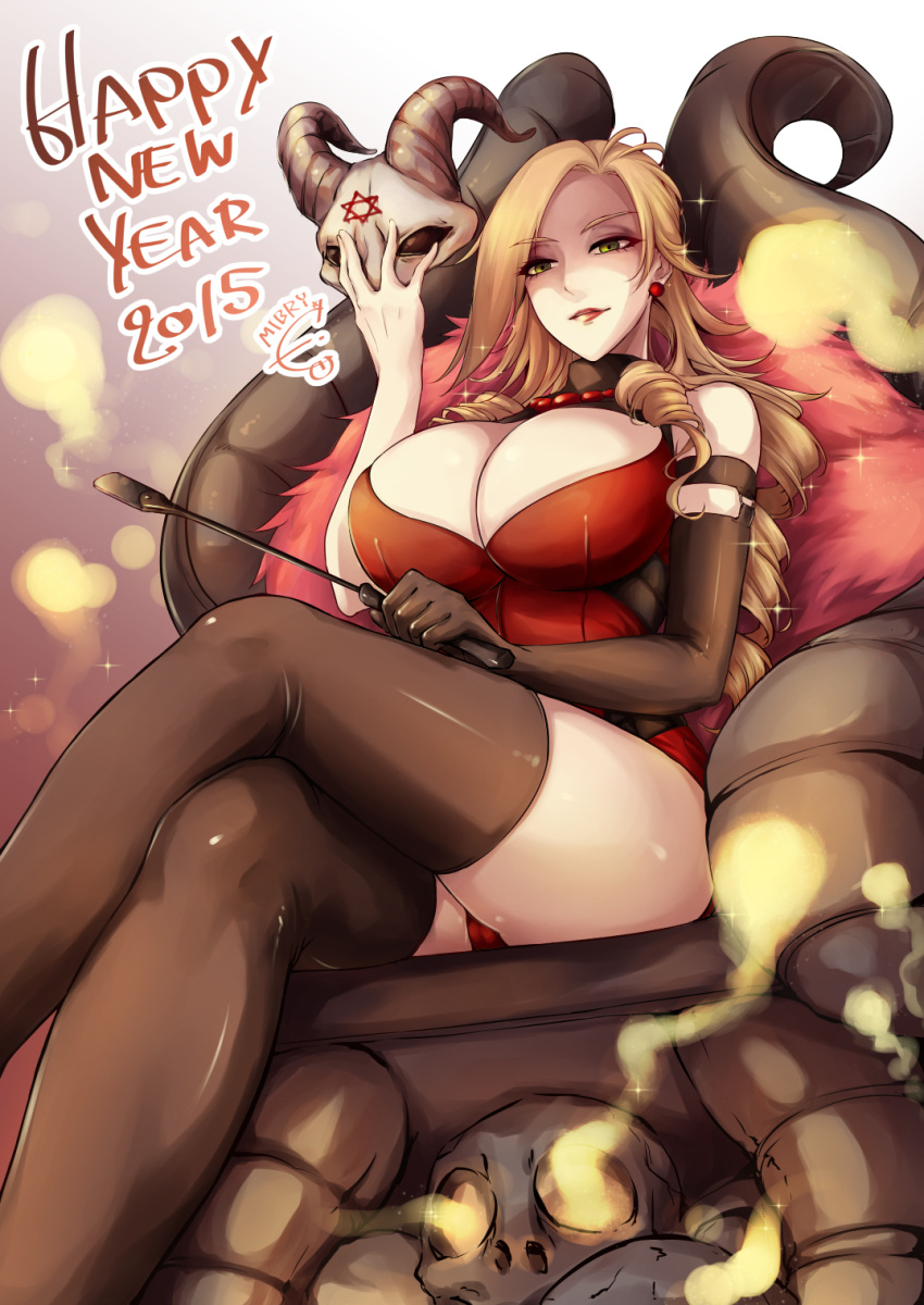 1girl 2015 animal_skull bare_shoulders black_gloves black_legwear blonde_hair breasts cleavage crossed_legs dominatrix dress drill_hair earrings elbow_gloves gloves green_eyes happy_new_year hexagram highres jewelry large_breasts lipstick long_hair looking_at_viewer makeup mibry_(phrysm) new_year original red_dress shaded_face single_elbow_glove sitting smile solo thigh-highs throne whip