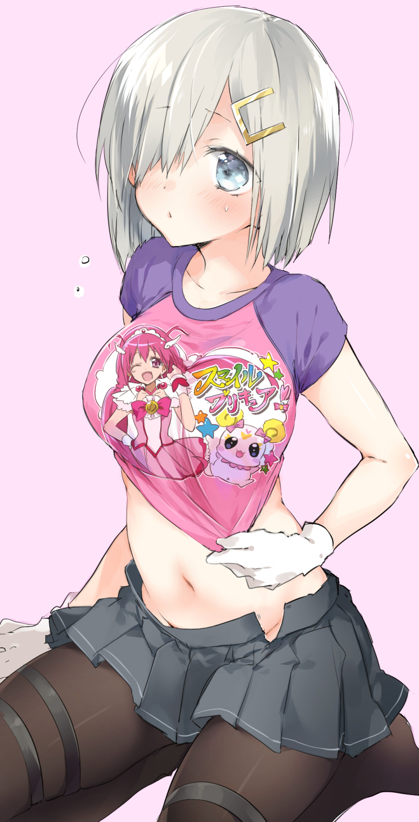 1girl ;d alternate_costume black_legwear blue_eyes blush bow breasts cameo candy_(smile_precure!) character_print clothes_writing commentary_request cure_happy gloves grey_skirt hair_ornament hair_over_one_eye hairclip hamakaze_(kantai_collection) head_wings highres kantai_collection large_breasts long_hair magical_girl mini_wings navel one_eye_closed open_mouth pantyhose pink_bow pink_eyes pink_hair pleated_skirt precure print_shirt raglan_sleeves seiza shirt shirt_pull short_hair short_sleeves silver_hair simple_background sino_(sionori) sitting skirt smile smile_precure! solo star thigh_strap tiara twintails white_gloves