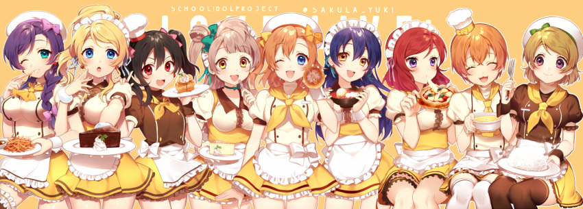 ! 6+girls :3 :d :o :t ;d ^_^ alternate_costume apron aqua_bow aqua_eyes aqua_ribbon arm_at_side ayase_eli bangs beret black_hair blonde_hair blue_eyes blue_hair blue_ribbon blush bow bowl braid bread breasts brown_legwear cake center_frills cheese chef_hat chips chocolate choker closed_eyes closed_mouth collarbone copyright_name cream double-breasted earrings eating eyebrows eyebrows_visible_through_hair eyelashes fingernails food fork frilled_apron frilled_skirt frilled_sleeves frills fur_trim garters green_bow hair_between_eyes hair_bow hair_over_shoulder hair_ribbon hand_on_another's_shoulder happy hat hat_bow hat_ribbon head_tilt heart holding holding_bowl holding_food holding_fork holding_plate hoshizora_rin ichinose_yukino jewelry jumper koizumi_hanayo kousaka_honoka leg_garter locked_arms long_fingernails long_hair looking_at_another love_live!_school_idol_project maid_headdress minami_kotori mini_hat miniskirt mochi mouth_hold multiple_girls neckerchief nishikino_maki one_eye_closed one_side_up open_mouth orange_bow orange_hair outline pastry pink_bow pizza plate ponytail porridge puffy_short_sleeves puffy_sleeves purple_hair red_eyes redhead ribbon rice sauce short_hair short_sleeves silver_hair simple_background sitting skirt slice_of_cake smile sonoda_umi soup spoken_heart sweets swept_bangs thigh-highs thigh_gap toque_blanche toujou_nozomi turtleneck twintails twitter_username uniform violet_eyes wagashi waist_apron white_apron white_bow white_hat white_legwear wrist_cuffs yazawa_nico yellow_background yellow_bow yellow_eyes yellow_skirt