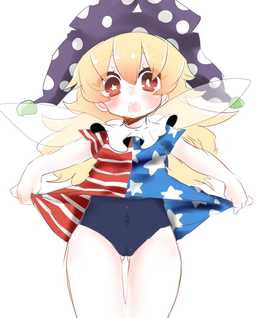 1girl absurdres american_flag_shirt ass_visible_through_thighs bangs blonde_hair blush clownpiece collar covered_navel fairy_wings frilled_collar frills gishiko_(kog_0130) hat highres jester_cap lifted_by_self long_hair looking_at_viewer open_mouth polka_dot red_eyes school_swimsuit shirt shirt_lift short_sleeves simple_background sketch solo standing star star-shaped_pupils striped swimsuit symbol-shaped_pupils touhou white_background wings