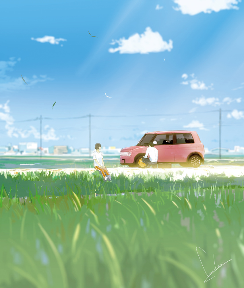 1boy 1girl blurry broken building car city depth_of_field field flat_tire grass gym_uniform hands_on_lap highres leaf light_rays looking_at_another looking_back loundraw motor_vehicle original power_lines rice_paddy road scenery short_hair signature sitting sky squatting suzuki telephone_pole tire vehicle water wrench