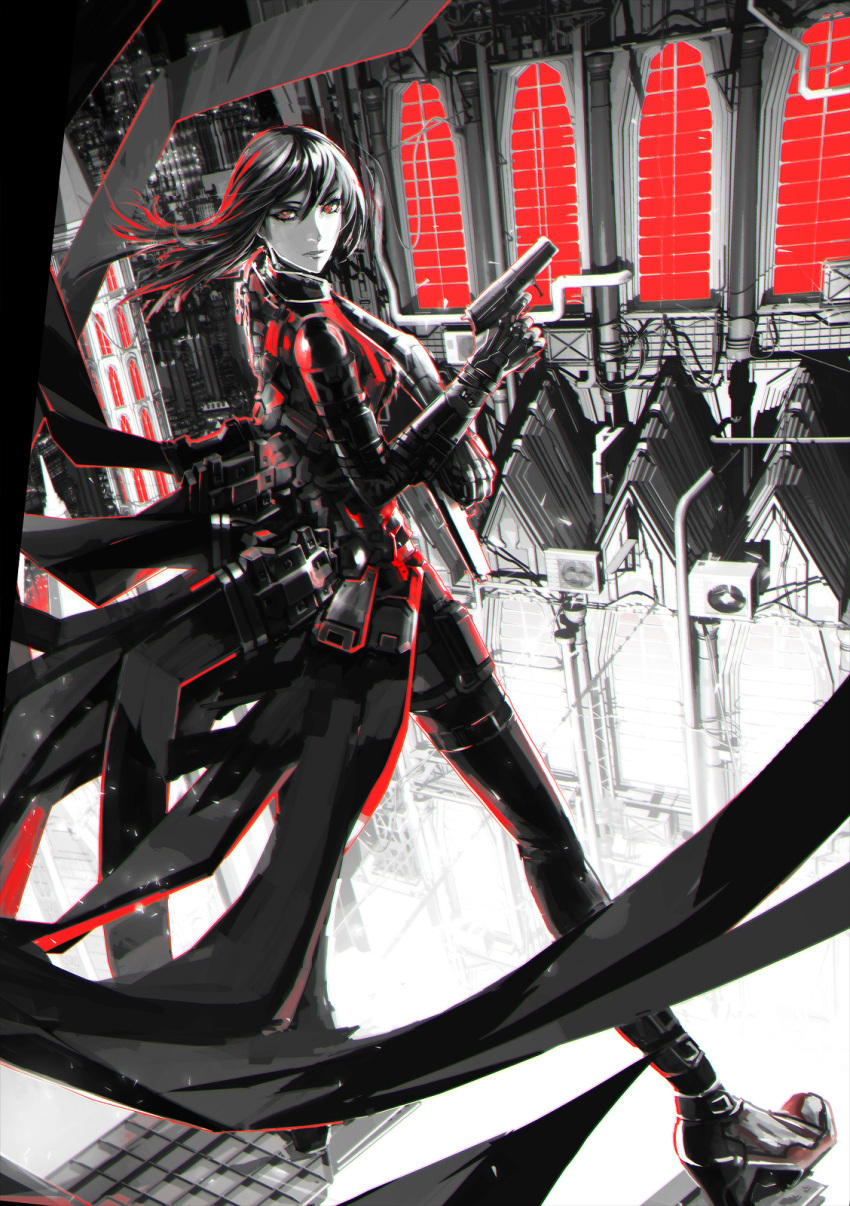 1girl afi_(arsenixc) arsenixc building chromatic_aberration city dual_wielding dutch_angle from_behind gun handgun high_heels highres long_hair looking_at_viewer looking_back monochrome original pistol solo spot_color weapon wide_stance