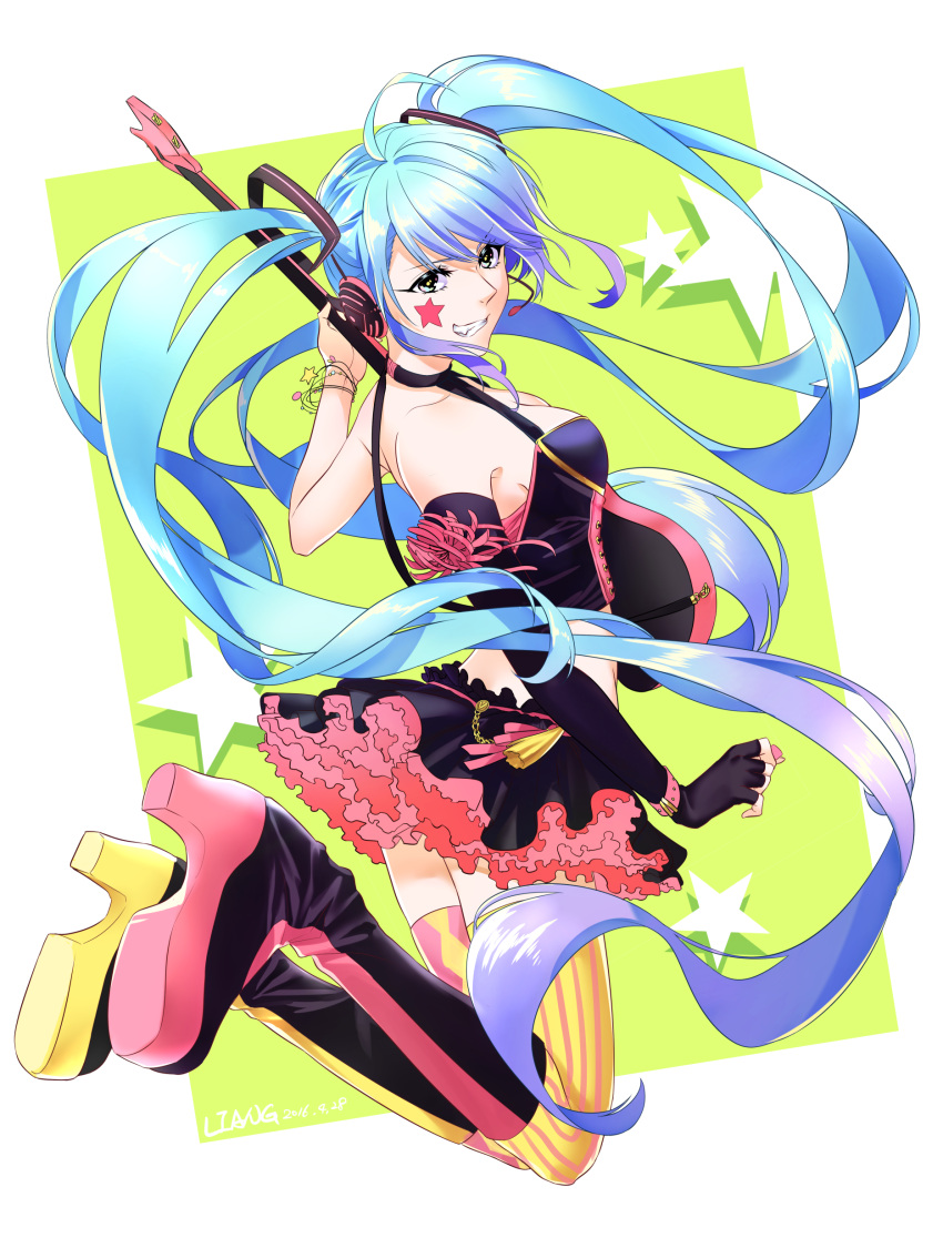 1girl absurdres ahoge blue_hair boots bracelet elbow_gloves electric_guitar fingerless_gloves from_side full_body gloves grin guitar hatsune_miku headphones highres instrument jewelry knee_boots liang_liang long_hair mismatched_legwear single_elbow_glove skirt smile solo star striped striped_legwear thigh-highs twintails vertical-striped_legwear vertical_stripes very_long_hair vocaloid