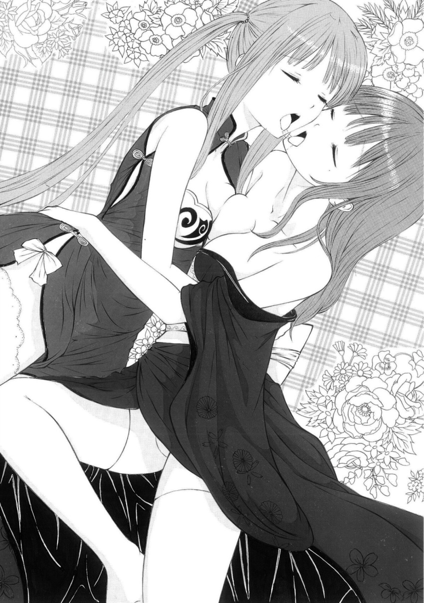 2girls asymmetrical_docking bare_shoulders breast_press breasts china_dress chinese_clothes cleavage closed_eyes collarbone dress dutch_angle engeki-bu_danshi flower greyscale hair_tie highres monochrome multiple_girls open_mouth original saliva saliva_trail thigh-highs tongue tongue_out twintails yuri