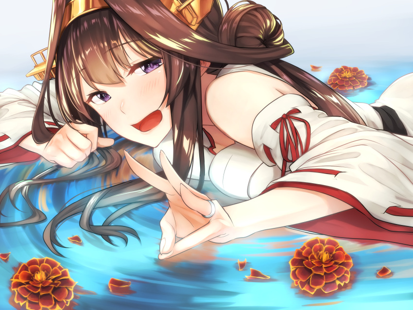 1girl absurdres baffu brown_hair hairband highres japanese_clothes jewelry kantai_collection kongou_(kantai_collection) long_hair nontraditional_miko ring smile solo wedding_band
