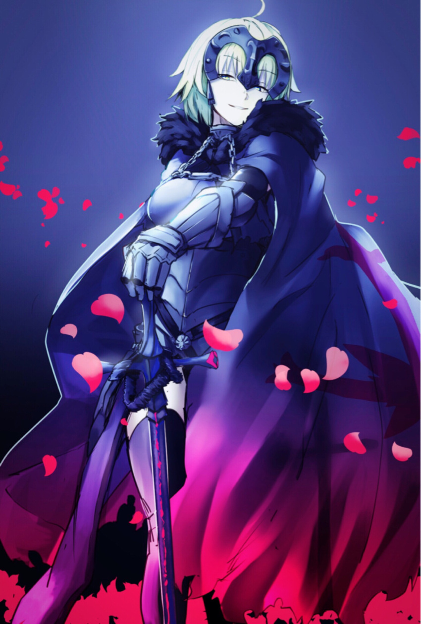 1girl armor armored_dress cape fate/grand_order fate_(series) faulds fur_trim gauntlets greatpengh headpiece highres jeanne_alter petals ruler_(fate/apocrypha) ruler_(fate/grand_order) smile solo sword thigh-highs weapon white_hair yellow_eyes