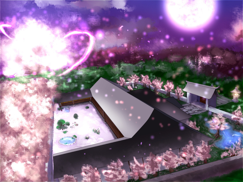 architecture chaigidhiell cherry_blossoms commentary_request east_asian_architecture full_moon hakugyokurou house moon no_humans pillar pond pool purple_moon rooftop touhou