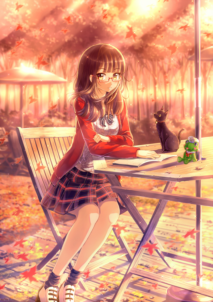 1girl anchor_symbol animal autumn autumn_leaves bangs bell black_cat black_legwear blunt_bangs blurry book brown_hair cat chair depth_of_field eyebrows eyebrows_visible_through_hair eyelashes falling_leaves glasses highres jacket jingle_bell kazeno lens_flare long_hair long_sleeves looking_at_viewer miniskirt open_book original outdoors plaid plaid_skirt red-framed_glasses red_jacket ribbon semi-rimless_glasses shade shirt shoes sitting skirt socks solo sparkle stuffed_animal stuffed_frog stuffed_toy sunlight table tree umbrella under-rim_glasses white_shirt wind wooden_chair wooden_table yellow_eyes