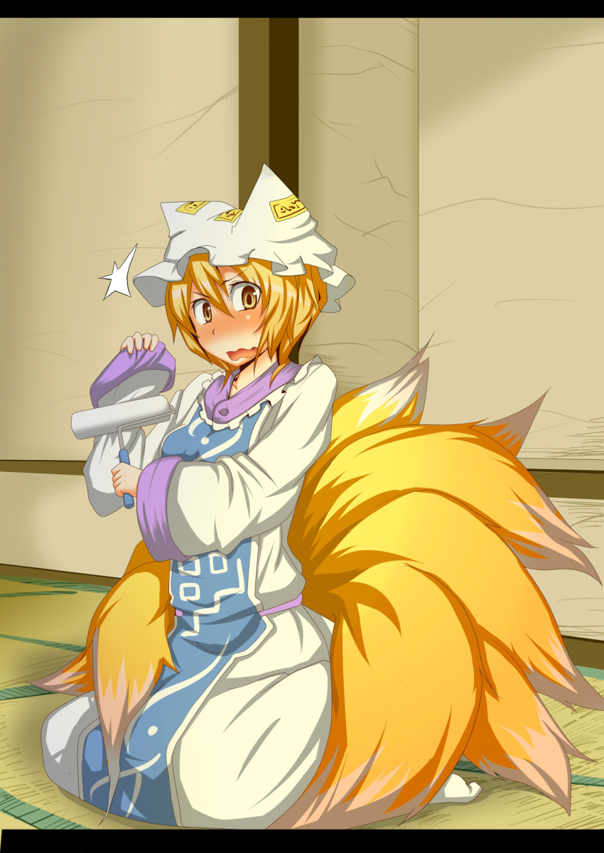/\/\/\ 1girl blonde_hair blush commentary_request dress embarrassed fox_tail frills hat highres kneeling kyuubi lint_roller long_sleeves looking_at_viewer mob_cap multiple_tails nose_blush pillow_hat short_hair solo surprised tabard tail tamahana touhou wavy_mouth white_dress wide_sleeves yakumo_ran yellow_eyes