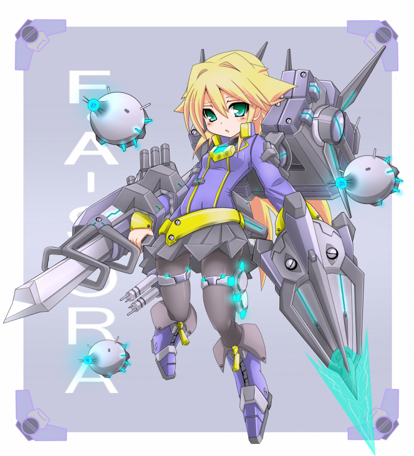 1girl bangs blonde_hair green_eyes highres karukan_(monjya) long_hair long_sleeves looking_at_viewer mecha mecha_musume open_mouth pantyhose pile_bunker skirt solo sora_(suguri) suguri weapon