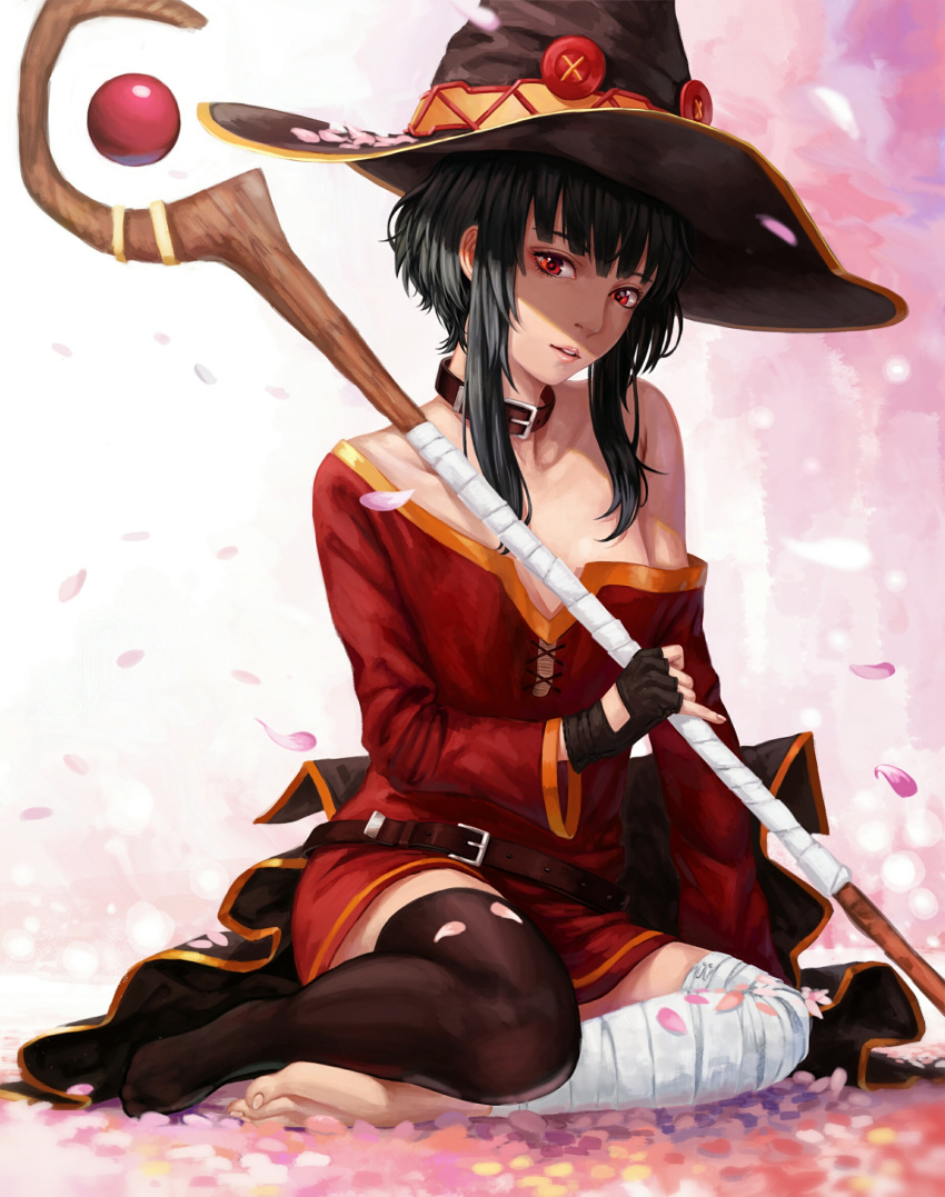 1girl bandaged_leg bandages bangs bare_shoulders barefoot belt belt_buckle black_gloves black_hair black_hat blunt_bangs buckle button_eyes cherry_blossoms collarbone coller dress fingerless_gloves floating_object gem gloves hat head_tilt highres holding_staff kono_subarashii_sekai_ni_shukufuku_wo! light_smile lips looking_at_viewer megumin mismatched_legwear namako_mikan off-shoulder_dress off_shoulder older parted_lips petals pinky_out red_dress red_eyes ruby_(stone) shade short_hair_with_long_locks single_thighhigh solo sphere staff thigh-highs toenails toes wand witch_hat