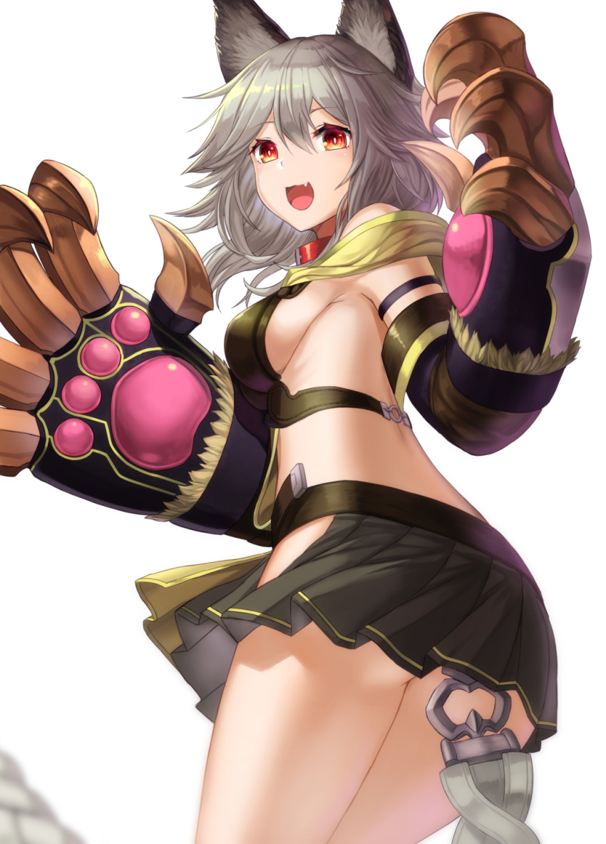 1girl :3 :d animal_ears arm_belt ass back bangs belt black_skirt blurry blush braid breasts claw_(weapon) collar cowboy_shot depth_of_field eyebrows eyebrows_visible_through_hair fang from_behind from_below fur_trim gloves granblue_fantasy grey_hair highres long_hair looking_back miniskirt mizya open_mouth paw_print pleated_skirt red_eyes sen_(granblue_fantasy) sideboob silver_hair simple_background single_braid skirt smile solo weapon white_background