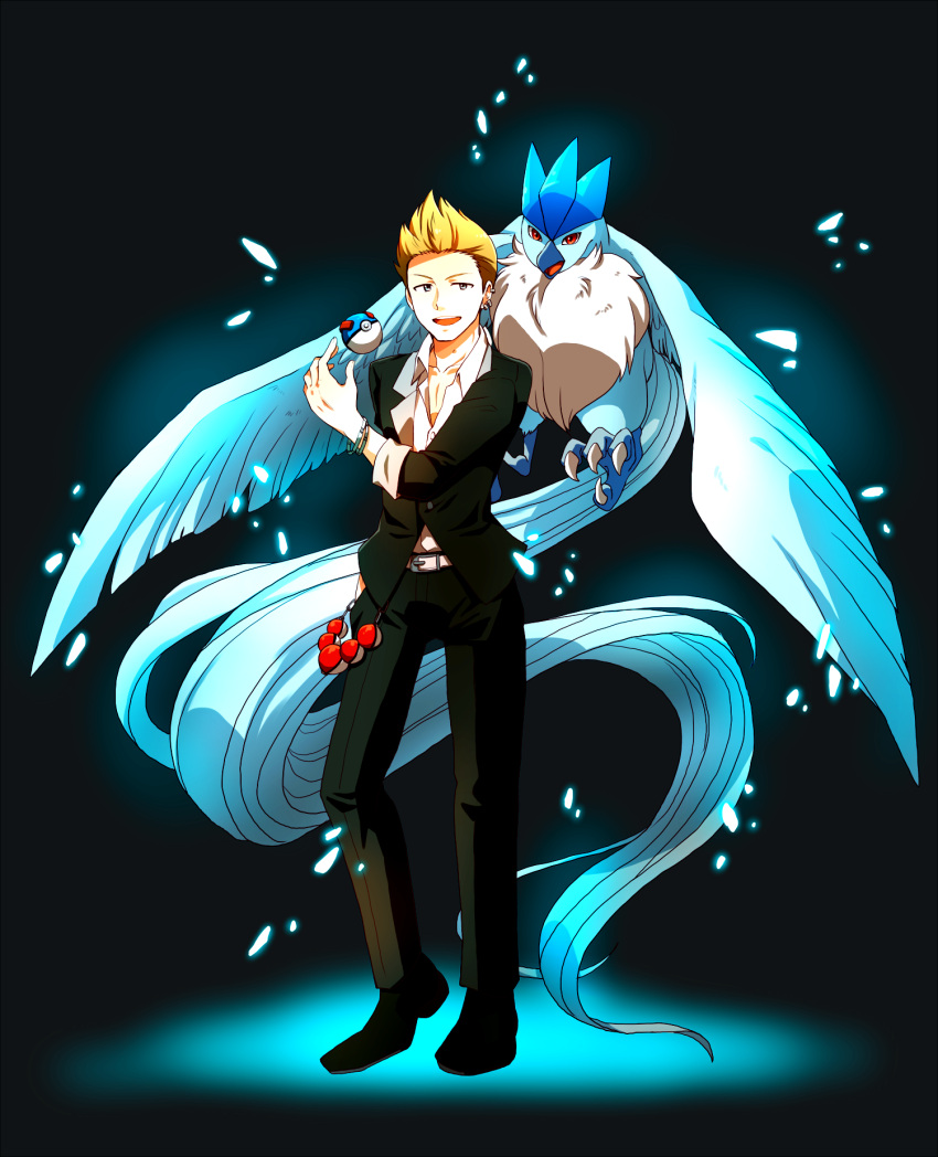 1boy articuno bird blonde_hair blue_eyes bracelet crossover ear_piercing earrings formal full_body great_ball grey_eyes hand_in_pocket highres idolmaster idolmaster_side-m ijuuin_hokuto jewelry koma_saburou male_focus piercing poke_ball pokemon pokemon_(creature) suit