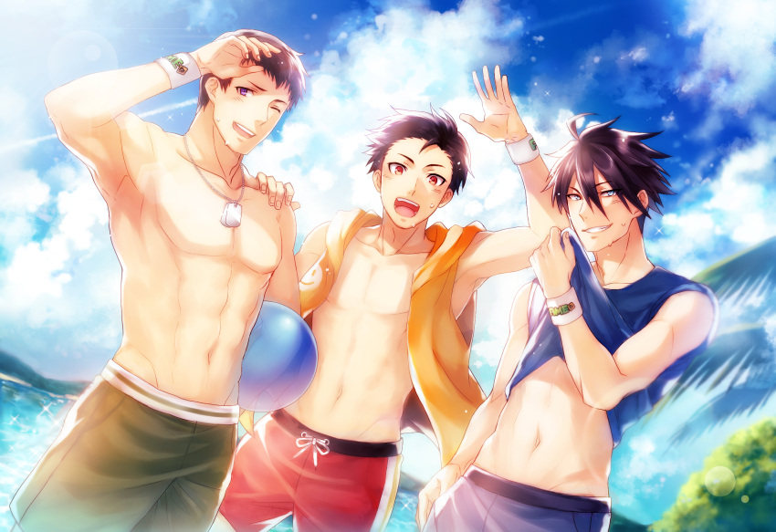 3boys :d ;) abs ahoge akuno_hideo armband ball beach black_hair blue_eyes blue_sky brown_hair clouds cloudy_sky collarbone dog_tags dutch_angle frame_(idolmaster) groin hand_on_shoulder highres idolmaster idolmaster_side-m jewelry kimura_ryuu looking_at_viewer male_focus male_swimwear midriff multiple_boys muscle navel necklace one_eye_closed open_mouth parted_lips red_eyes shading_eyes sharp_teeth shingen_seiji shiron_(shiro_n) shirt_lift shirtless sky smile smiley_face sweat swim_trunks swimwear teeth violet_eyes water wristband