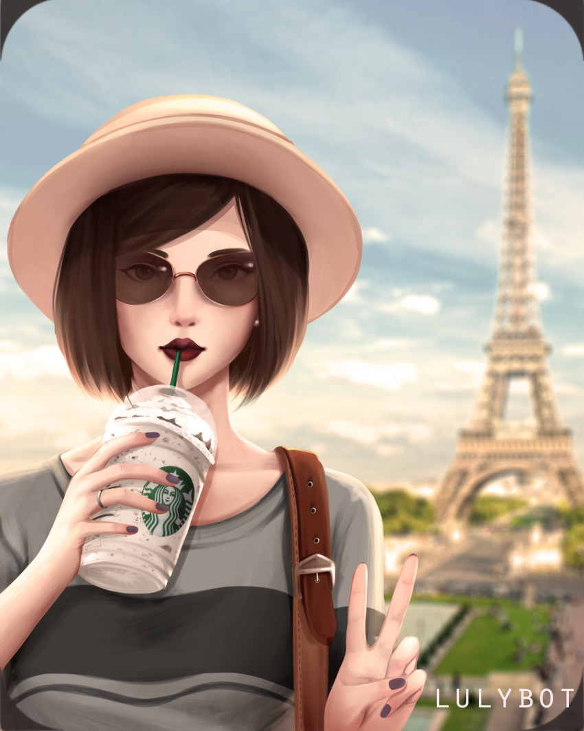 1girl absurdres artist_name bangs black_hair black_lipstick blue_sky closed_mouth coffee cup day drinking_cup drinking_straw eiffel_tower fingernails grey_eyes grey_shirt highres holding holding_cup horizontal_stripes jewelry lips lipstick looking_at_viewer lulybot makeup nail_polish nose original outdoors paris parted_bangs parted_lips pearl_earrings purple_nails real_world_location ring rounded_corners shirt short_hair sky solo starbucks strap striped striped_shirt sunglasses upper_body v