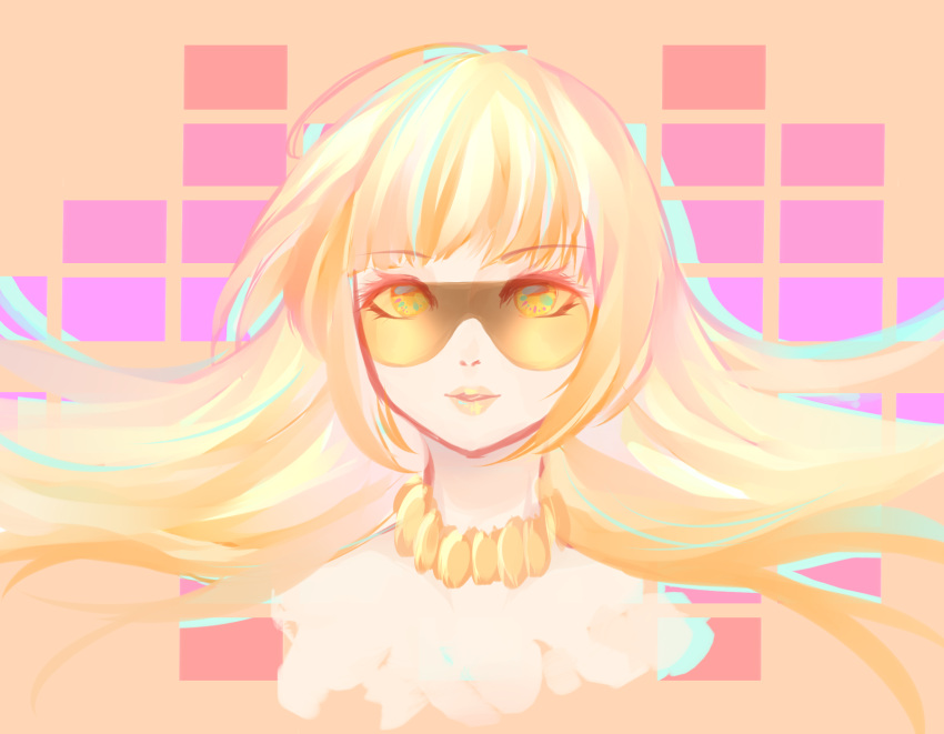 1girl blonde_hair choker cyber_diva eyelashes glasses highres jewelry lipstick makeup matomiki multicolored_eyes multicolored_hair necklace solo upper_body vocaloid yellow_eyes yellow_lipstick
