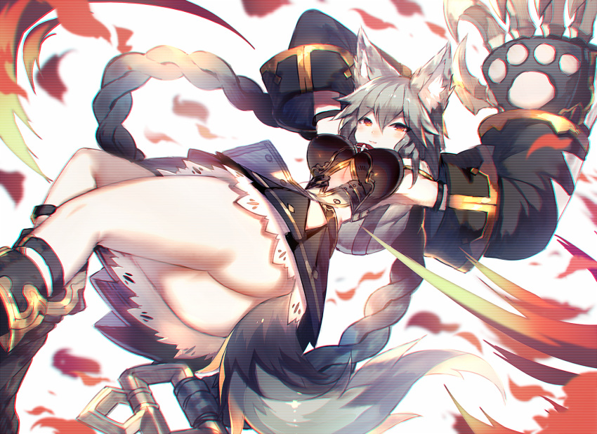 1girl animal_ears arm_belt arms_up ass bangs blurry blush botos braid breasts buckle claw_(weapon) closed_mouth depth_of_field from_below gloves granblue_fantasy grey_hair hair_between_eyes hair_ornament long_hair looking_at_viewer mamuru paw_print petals pleated_skirt red_eyes sen_(granblue_fantasy) silver_hair skirt smile solo tail upskirt very_long_hair weapon white_background