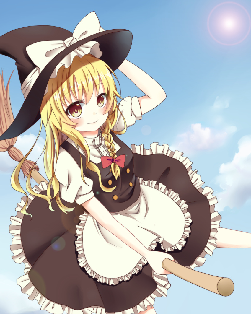 1girl apron blonde_hair bow braid closed_mouth clouds dress eyebrows eyebrows_visible_through_hair frilled_dress frills hair_bow hat highres kirisame_marisa long_hair looking_at_viewer red_bow short_sleeves side_braid single_braid sky smile solo touhou witch_hat yellow_eyes