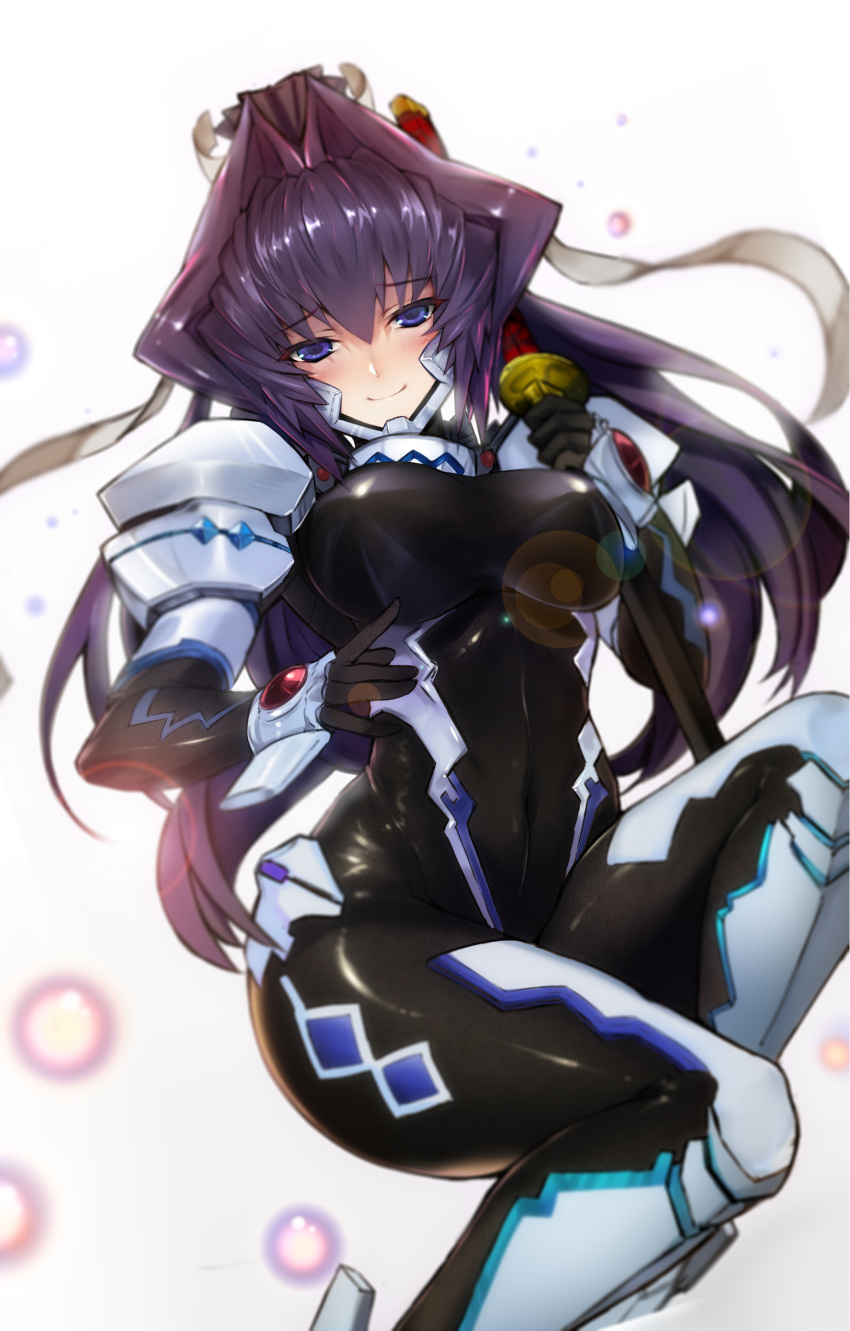 1girl absurdres armor bangs black_gloves blue_eyes blurry bodysuit boots breasts bubble closed_mouth covered_navel depth_of_field eyebrows eyebrows_visible_through_hair ganida_boushoku gloves hair_between_eyes hair_intakes highres holding holding_sword holding_weapon lens_flare long_hair looking_at_viewer mitsurugi_meiya muvluv ponytail purple_hair smile solo sword very_long_hair weapon white_background