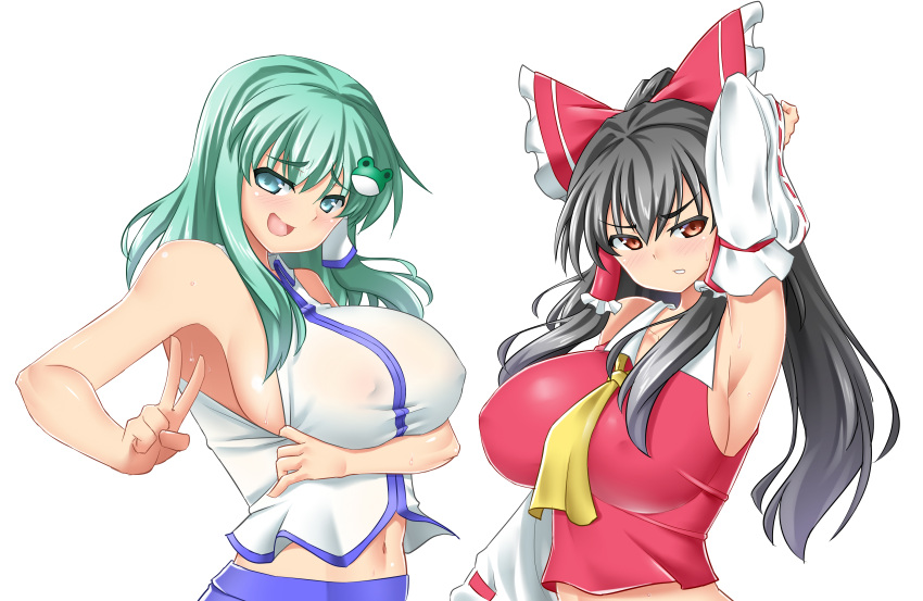 2girls :d absurdres armpits ascot bare_shoulders black_hair blue_eyes blush bow breasts clenched_teeth covered_nipples detached_sleeves frog_hair_ornament green_hair hair_bow hair_ornament hair_tubes hakurei_reimu highres kochiya_sanae large_bow large_breasts long_hair looking_at_viewer mokkori9 multiple_girls navel open_mouth ponytail red_eyes shirt_pull sideboob sidelocks smile sweat teeth toned touhou v