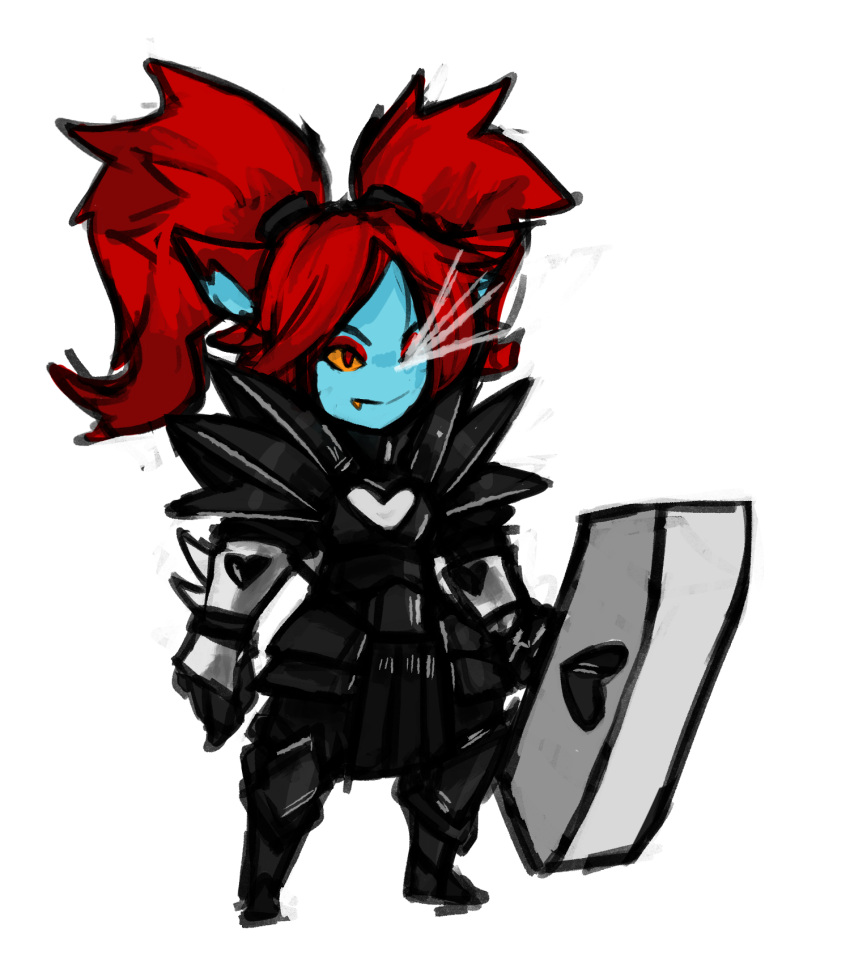 armor fang fusion gauntlets hammer highres league_of_legends poppy red_eyes redhead tag twintails undertale undyne_the_undying yellow_sclera zana