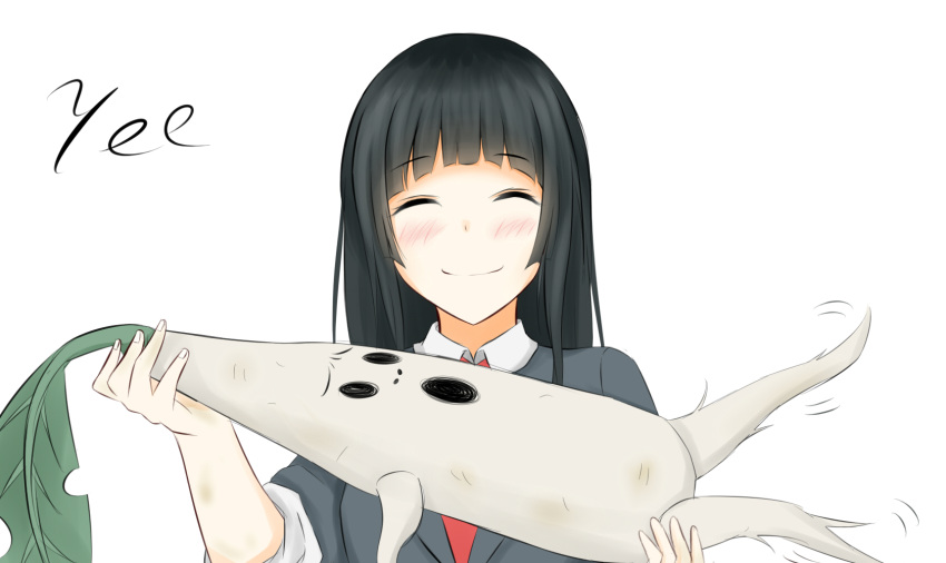1girl :o bangs black_hair black_shirt blush collared_shirt creature dirty empty_eyes eyebrows eyebrows_visible_through_hair flying_witch full_body highres kowata_makoto leaf long_hair long_sleeves mandrake necktie open_mouth red_necktie shirt simple_background sketch sleeves_pushed_up smile white_background